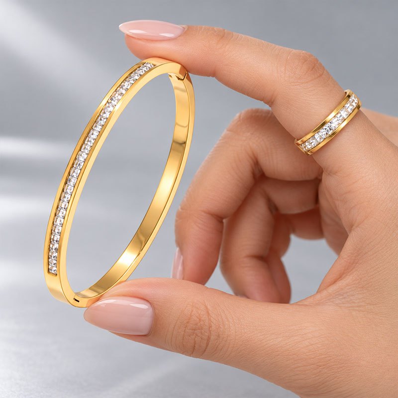 Women's 2pc Bracelet & Ring Set, Rectangular Bevel-Cut Zirconia